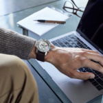 Workplace lifestyle image featuring the BR-1 pearl watch.